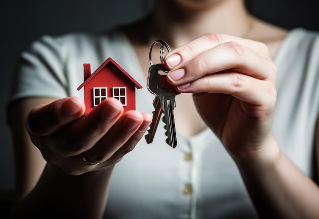 A mão de uma mulher segurando uma pequena casa nova e a casa dos sonhos chave hipoteca empréstimo bancos imóveis