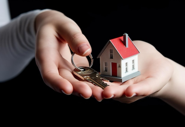 A mão de uma mulher segurando uma pequena casa nova e a casa dos sonhos chave hipoteca empréstimo bancos imóveis