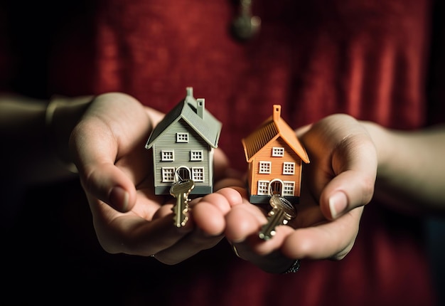 A mão de uma mulher segurando uma pequena casa nova e a casa dos sonhos chave hipoteca empréstimo bancos imóveis