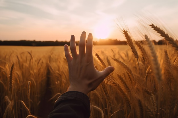 A mão de uma pessoa está alcançando um campo de trigo ao pôr do sol Generative AI