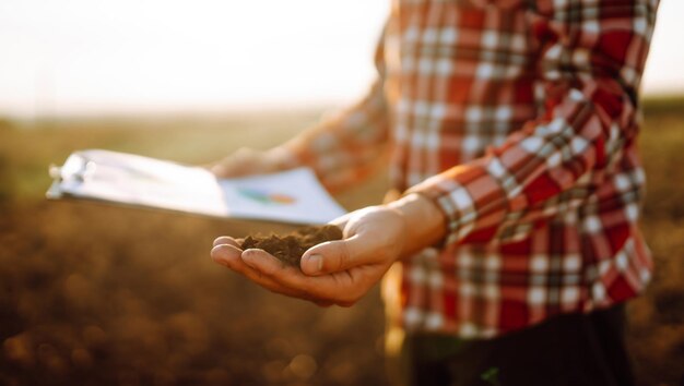 Foto a mão do agricultor especialista coleta o solo e verifica a saúde do solo antes do crescimento de uma semente de vegetal