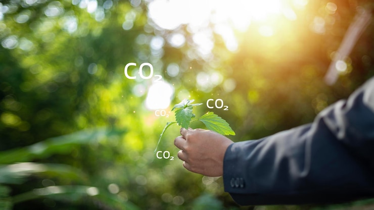 Foto a mão do empresário está segurando uma folha e a palavra co2 está escrita acima dela