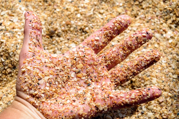 A mão do homem coberta de areia e pedra de concha