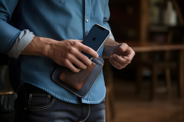A mão do homem segurando carteira de couro e smartphone com tela em branco para compras on-line e bancos G