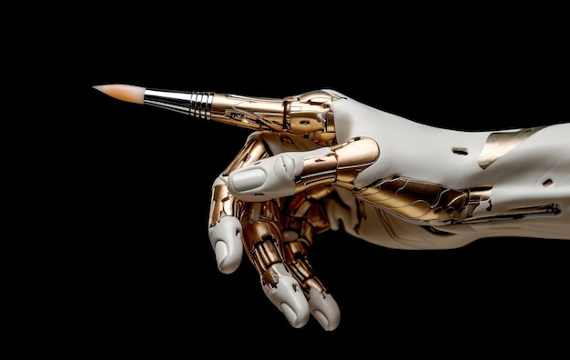 A mão do robô com o dedo indicador transformada em um pincel simbolizando o conceito de arte gerada por máquina Ilustração de IA generativa isolada em fundo preto
