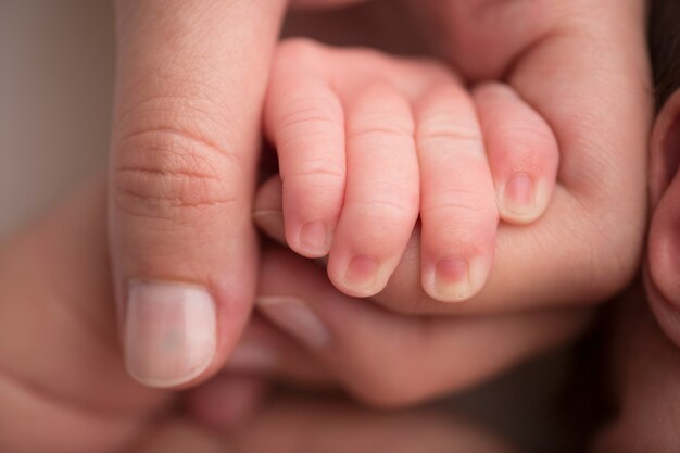 A mão e os dedos de um bebê recém-nascido. os pais seguram os dedos do bebê recém-nascido com as mãos. foto de alta qualidade