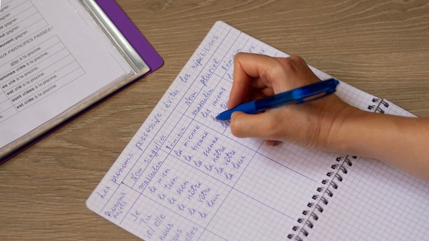 A mão escreve a gramática de uma língua estrangeira num caderno