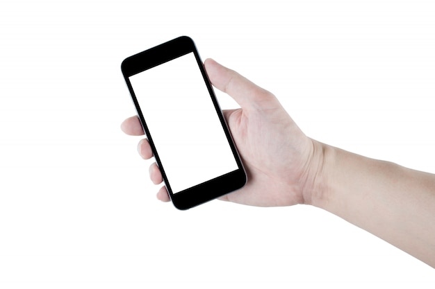 A mão está guardando o smartphone preto, isolado no fundo branco.
