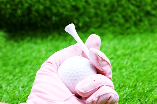 A mão está pegando tee e segurando o golfe estão no fundo da grama verde