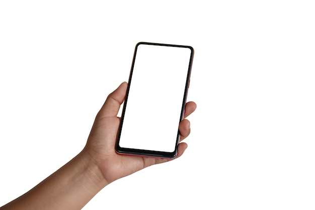 Foto a mão está segurando a tela branca, o telefone celular está isolado em um fundo branco com o traçado de recorte.