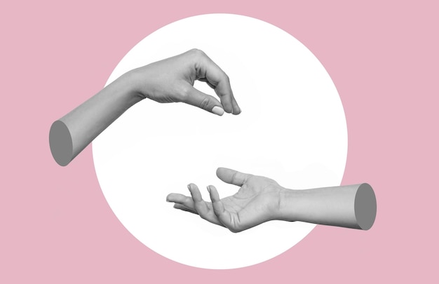A mão feminina faz um gesto como entregar o objeto pendurado à mão estendida Arte contemporânea