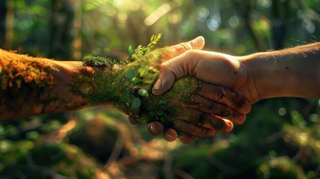 Foto a mão humana agita a mão da natureza foto