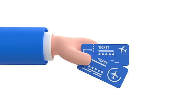 A mão humana dos desenhos animados segura a ilustração de renderização 3d de bilhetes de avião