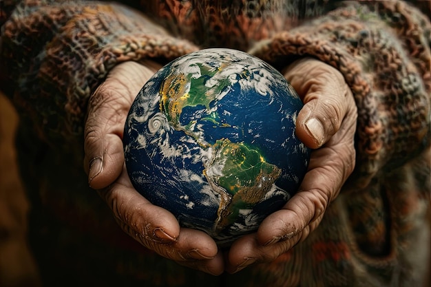 A mão humana segurando a terra, o globo, a energia, as folhas e as nuvens, o conceito do Dia Mundial do Meio Ambiente, a sustentabilidade da Terra, o estilo de vida ecológico sem resíduos.