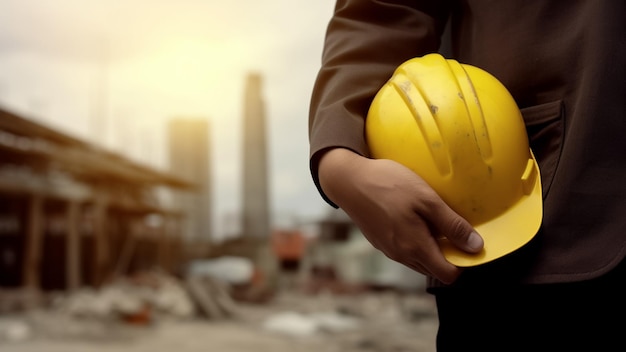 A mão ou o braço do engenheiro segura um capacete de plástico amarelo para um trabalhador Conceito do dia do trabalho