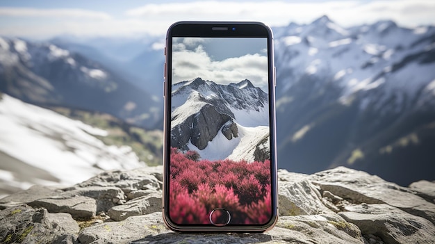A mão que guarda o telefone inteligente captura a beleza da montanha