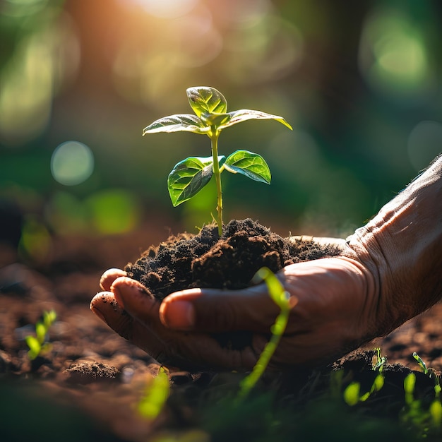 A mão que nutre o crescimento apoia uma planta jovem