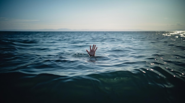 A mão sai debaixo d'água para o mar e mostra o gesto Ajuda Cinco dedos pa