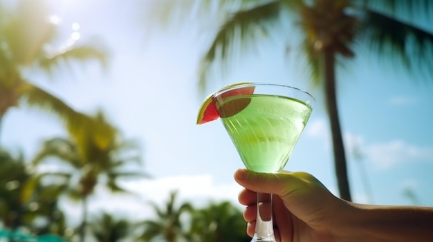 A mão segura um copo com um coquetel Bebidas frescas Dia ensolarado praia palmeiras férias