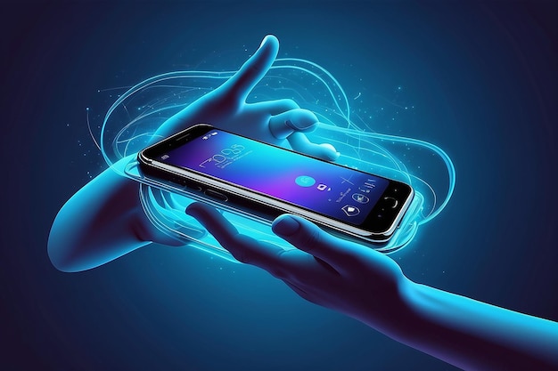 A mão segura um telefone móvel levitando Ilustração vetorial em tons azuis de néon Modelo de bandeira horizontal