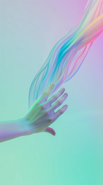 A mão toca suavemente cordas translúcidas abstratas em um esquema de cores holográfico