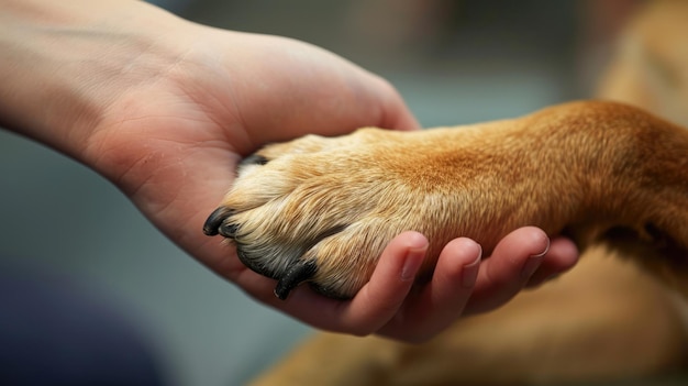 A mão veterinária de IA generativa está segurando a garra dos cães Pata dos cães na mão humana PetxA doméstico