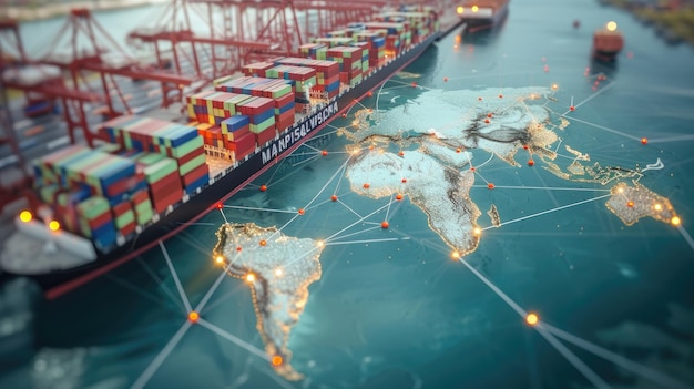 Foto a map depicting international partner connections in the importexport logistics concept