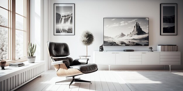 A maquete ou configuração do interior da sala de estar tem armário para tv e poltrona de couro no quarto branco