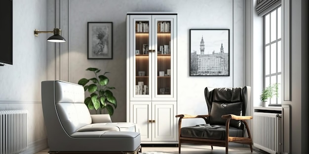 A maquete ou configuração do interior da sala de estar tem armário para tv e poltrona de couro no quarto branco