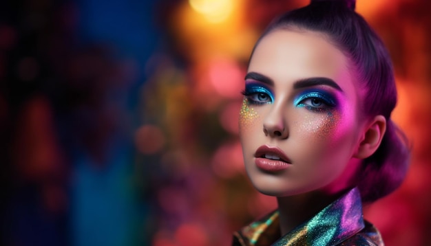 A maquiagem vibrante de jovem brilha no palco gerada por IA
