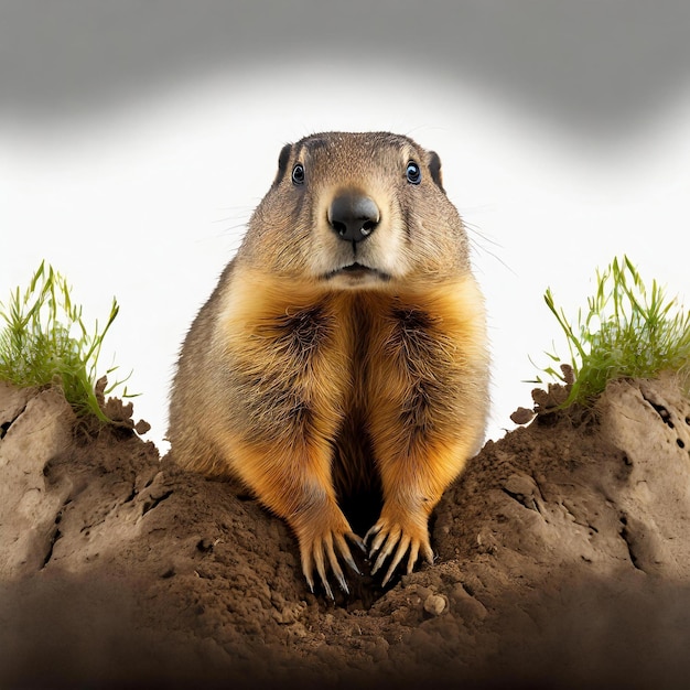 A marmota emerge do chão.