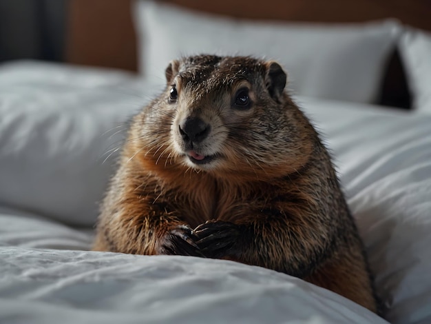 A marmota olha para fora da cama num dia de marmota.