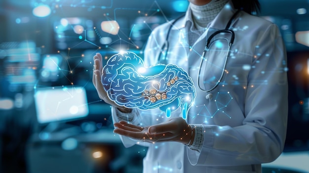 A médica está tocando a bexiga virtual e os rins em sua mão. A foto desfocada mostra órgãos humanos desenhados à mão destacados em azul como símbolos de recuperação.