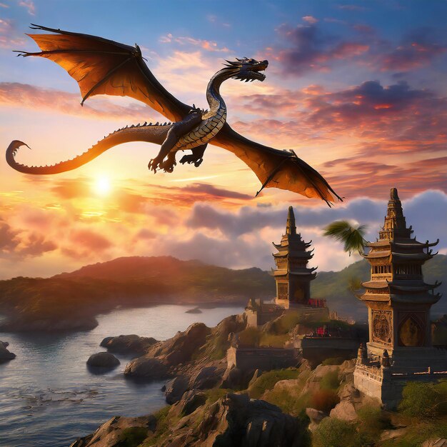 Foto À medida que o sol se põe sobre o antigo reino, um enorme dragão-serpente voa.