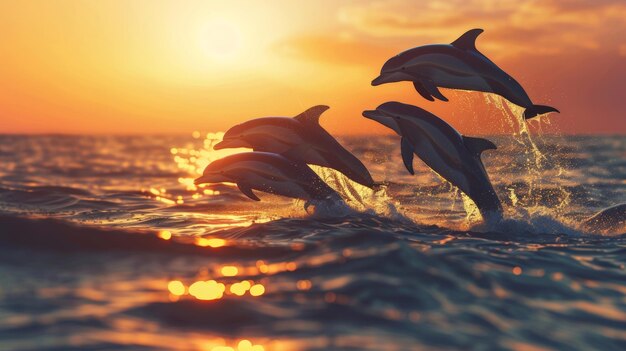 Foto À medida que o sol se põe sobre o oceano, pode-se ver um bando de silhuetas de golfinhos a saltar da água.