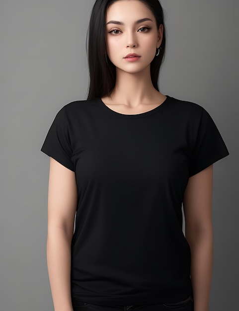 A melhor camiseta preta em branco modelo de mulher vista frontal Mockup