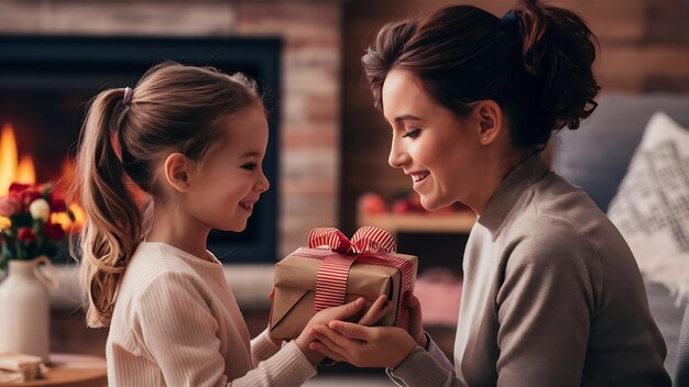 A menina a dar um presente à mãe.