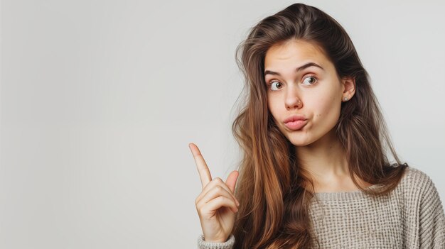 A menina aponta com o dedo para um fundo em branco com espaço de cópia