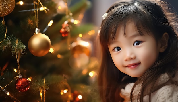 A menina chinesa está no contexto de uma árvore de Natal o conceito do Ano Novo