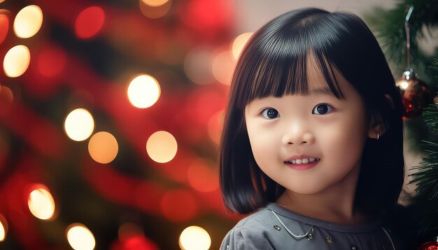 A menina chinesa está no contexto de uma árvore de Natal o conceito do Ano Novo