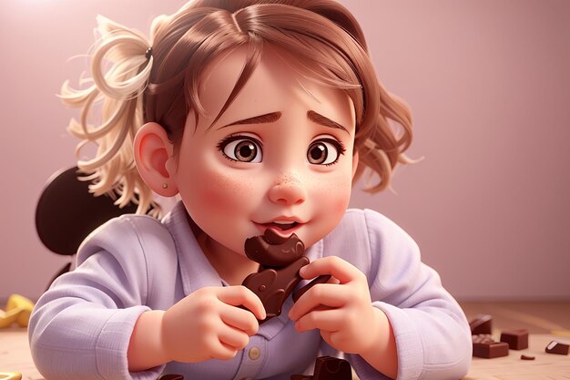 Foto a menina come chocolate e lambe o dedo.