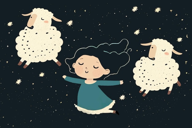 A menina conta ovelhas voando em sonho através do céu estrelado Conceito de boa noite AI ilustração generativa