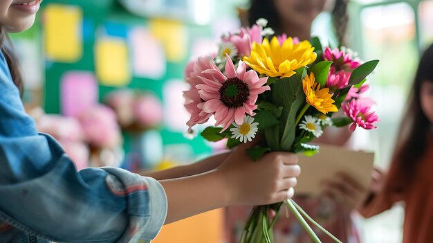 A menina dá flores ao seu professor, o aluno está sorrindo e o professor está olhando para as flores, ambos estão felizes.