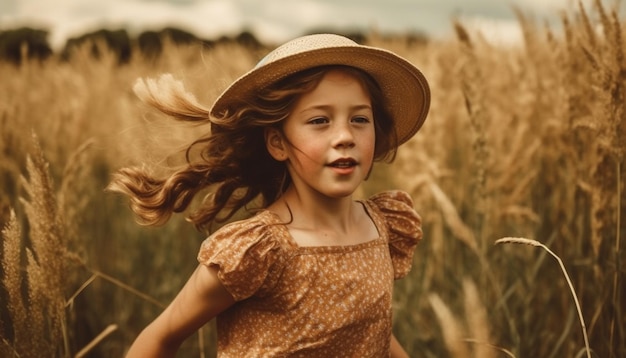 A menina de sorriso aprecia a natureza lúdica no prado gerado pelo AI