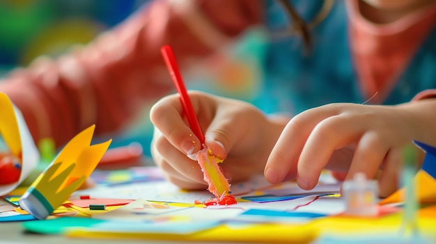 Foto a menina está a pintar com um pincel, está muito concentrada no seu trabalho, o fundo é uma mancha de cor.