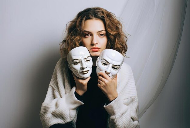 Foto a menina está segurando máscaras e um gráfico branco e preto no estilo de retratos minimalistas