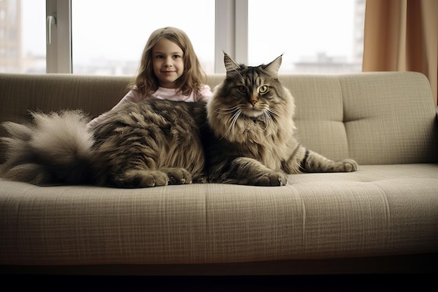 A menina está sentada no sofá com um gato gigante Bela imagem de ilustração IA generativa