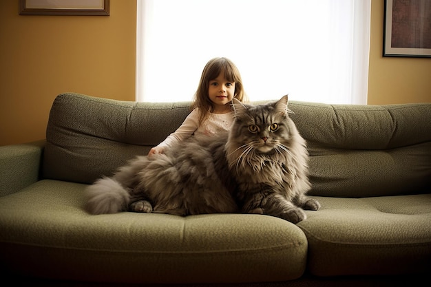A menina está sentada no sofá com um gato gigante Bela imagem de ilustração IA generativa