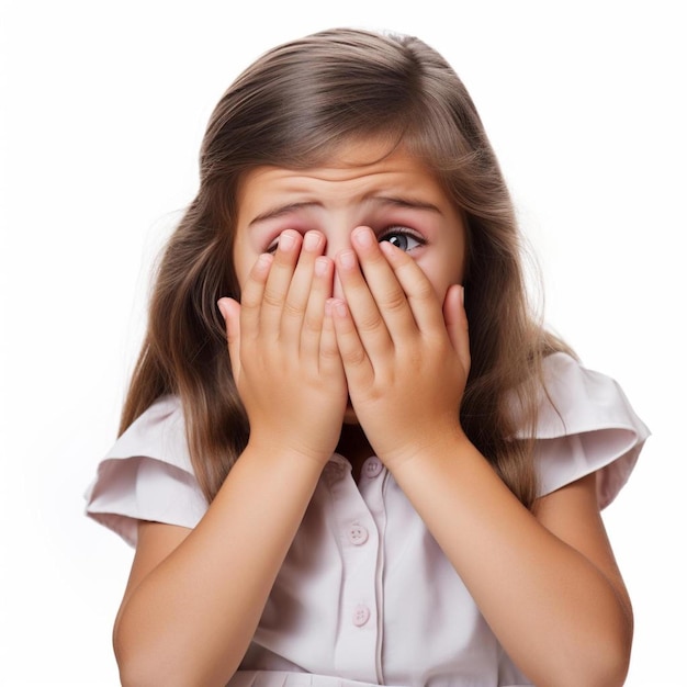 a menina fecha os olhos com as mãos, mas olha isolada em um fundo branco