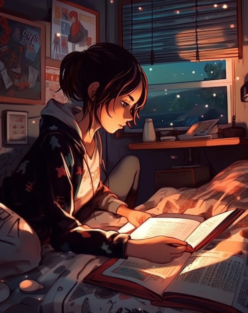 A menina lendo um livro na janela